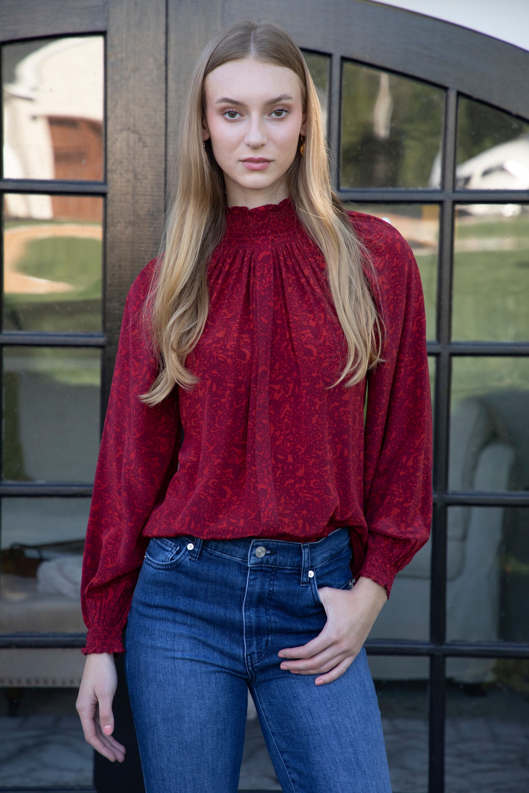 Puff Sleeve Shirt in Versailles Gardenia Red Puff Sleeve Shirt in Versailles Gardenia Red