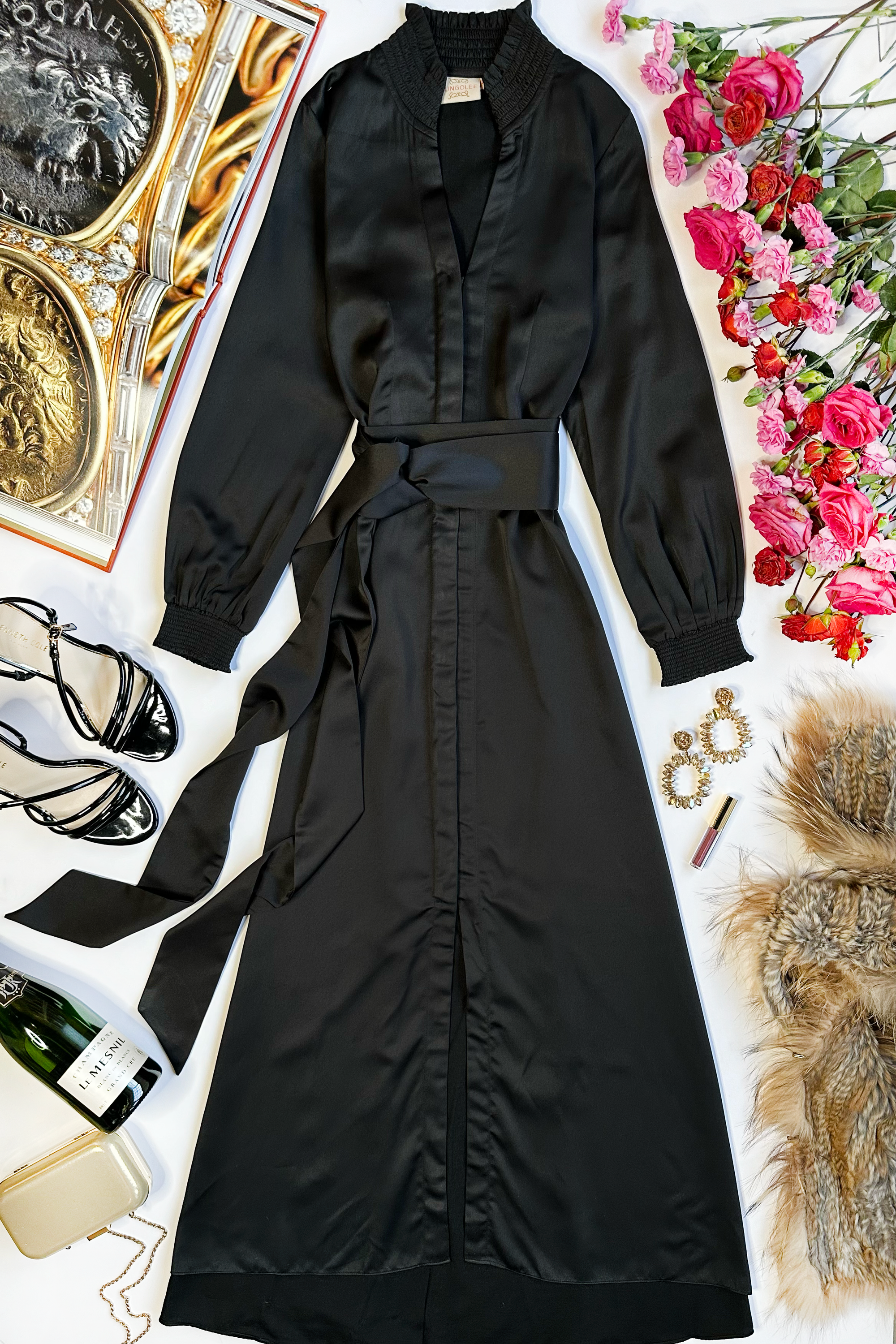 long sleeve maxi coat dress Long Sleeve Crystal Button Maxi Coat Dress Black