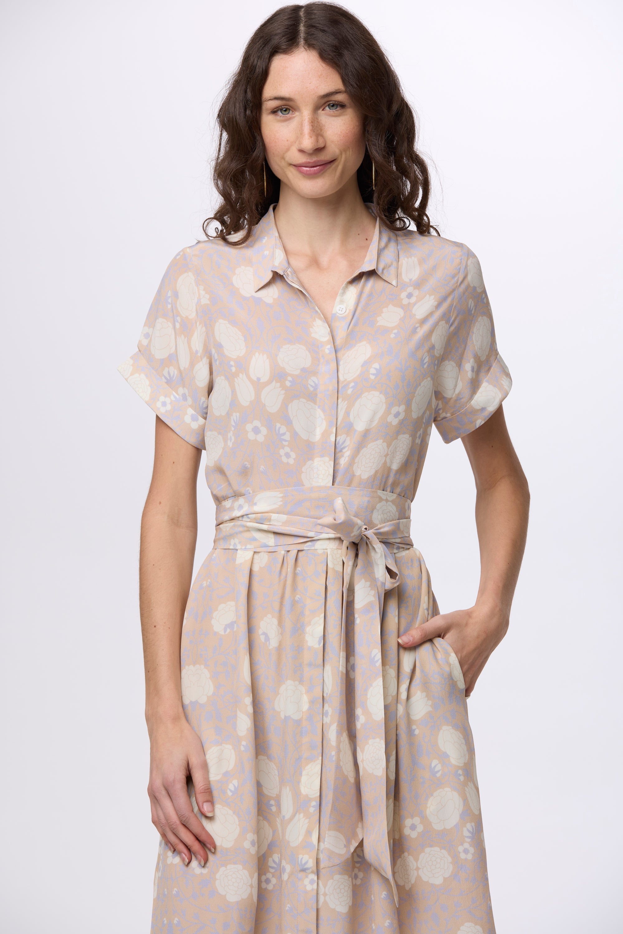 midi silk shirt dress V Neck Silk Dress - Front Buttons Silk Dress - Long Bishop Sleeves Silk Shirt Dress